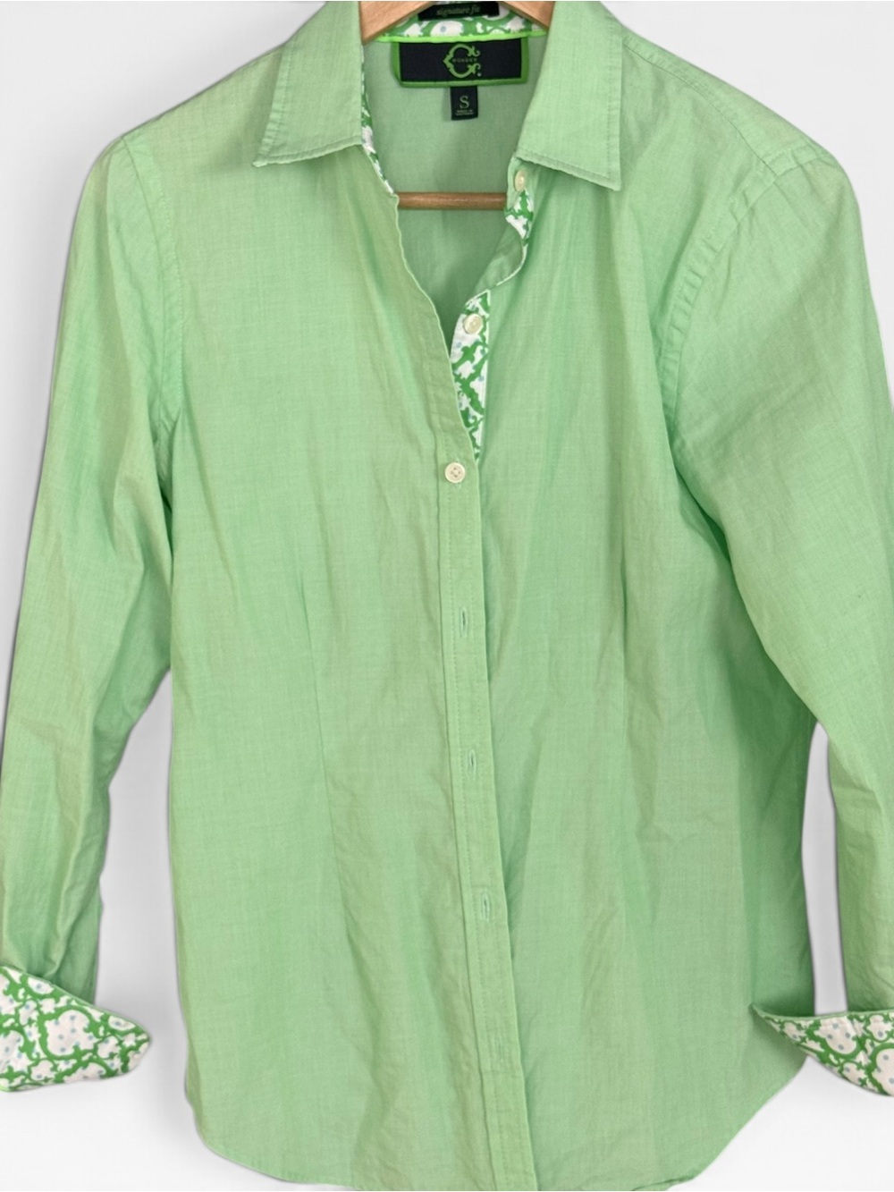 C Wonder Green Button Down Shirt Floral Trim Long Sleeve S
